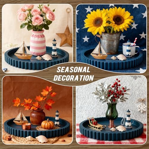 Handmade 12in Decorative Tray for Coffee Table Tray Decor, Blue Wooden Decorative Round Tray for Kitchen, Living Room, Home Decor - Image 6
