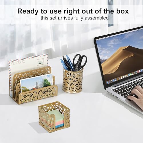 EasyPAG Desk Organizers and Accessories 3 Pieces Office Organizer Set - Pen Holder for Desk, Mail Sorter Countertop and Sticky Note Holder, Gold - Image 4