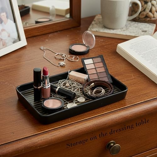 10"×6"×1" Black Bathroom Vanity Tray for Countertop- Ceramic Decorative Organizer Tray for Dresser Tops, Toilet, Perfume, Sponge Holder Soap Dish Dispenser for Kitchen Counter- Golden Stripes - Image 5