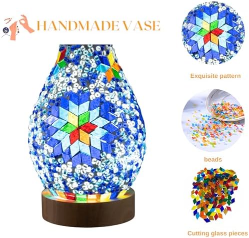 Mosaic Vase Lamp, Turkish Table Lamp with Wood Base, USB LED - Image 3