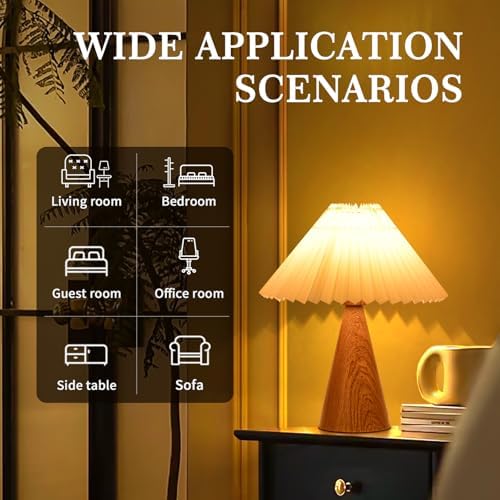Ziqqeelam Wood Grain Small Table Lamp, Cute Table Lamp, Pleated Table Lamp, Wooden Bedroom Lamps for Nightstand, Small Scalloped Lamp Shade Table Lamps for Small Spaces for Bedroom,Living Room - Image 3