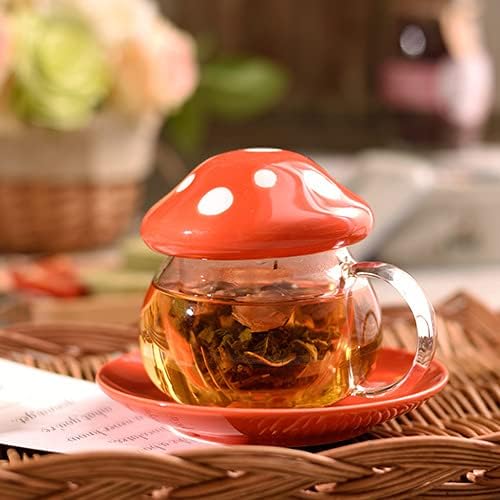 Glass Mushroom Shape Teacup Saucer Set Coffee Mug with Filter Cup - Image 3