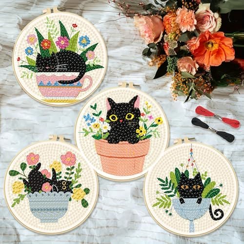 Clendo 8 Pcs Black Cat Diamond Art Coasters Kit - DIY 5D Small Diamond Painting Coasters with Holder, Flowers Diamond Art Kits for Adults Coasters, Arts and Crafts for Adults - Image 3