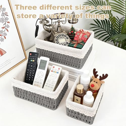 Large Wicker Storage Basket with Liner, Hand-Woven Paper Rope Rattan Organizer Bin for Pantry, Countertop, Bathroom, Bedroom, Shelves (Grey, L) - Image 7
