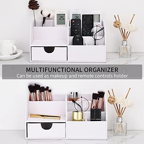 KINGFOM Pu Leather Desk Organizer Pen Pencil Holder Office Supplies Caddy Storage Box 6 Compartments with Drawer White (Full Pu Leather) - Image 5