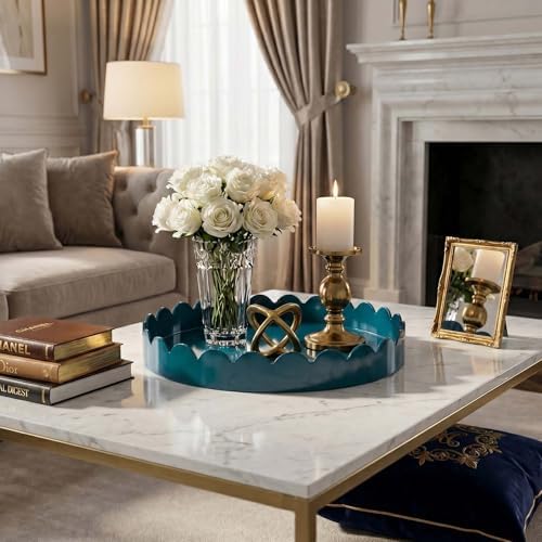 Gesodant 13" Round Scalloped Tray for Coffee Table Decor & Centerpiece, Glossy Lacquer Style Serving Tray for Ottoman, Vanity & Entryway, Modern Waterproof Catchall Tray (Deep Teal) - Image 2