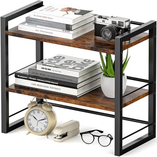 Office Desk Shelf Organizer, Wood Desktop Bookshelf Supplies Storage Rack, Shelf for Top of Desk and Dresser (Brown-2 Tier) by ART-GIFTREE