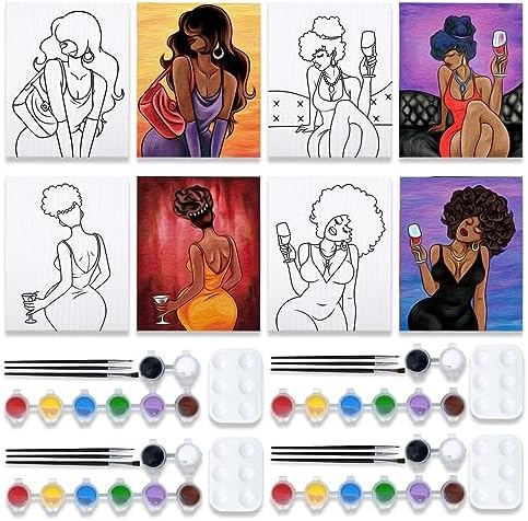 VOCHIC 4 Pack Pre Drawn Canvas Painting Kit for Adults Paint and Sip Party Supplies 12x16 in 8 Acrylic Colors, Brushes, Pallet Chic Girl Art Set by VOCHIC
