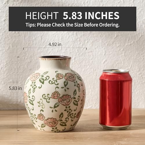 SIDUCAL Ceramic Vintage Vase, 5.83 Inch Retro Ice Cracked Chinoiserie Floral Vase, Rustic Farmhouse Vases for Home Decor, Bookshelf, Garden, Chinoiserie Decor, Tuscan Decor, Red Rose Pattern - Image 3