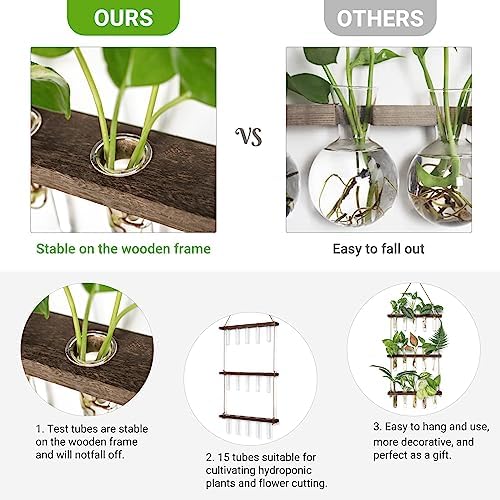 Mkono Plant Propagation Station, 3 Tier Brown Wall Hanging Vase Test Tubes - Image 4