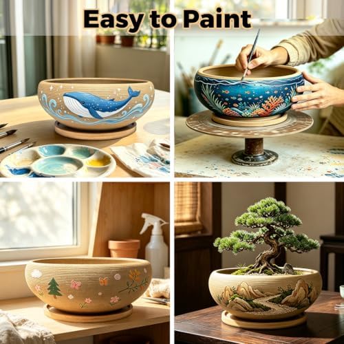 MUZHI 6 inch Succulent Pot - Unglazed Ceramic Bonsai Pot with Bamboo Tray, Rustic Pottery Cactus Planter with Drainage Hole Indoor Outdoor - Image 4