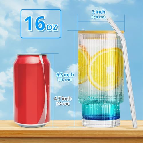 Glass Cups with Lids and Straws - 16 oz Iced Coffee Cups, Vintage Ribbed Drinking Glasses with Bamboo Lids, Glass To-Go Cup, Party, Tumbler for Juice, Beer, Coffee, Milk, Cocktail, Water (4 Pack) - Image 4