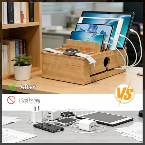 Bamboo Charging Station Organizer for Multiple Devices with 5 Cables - Image 3
