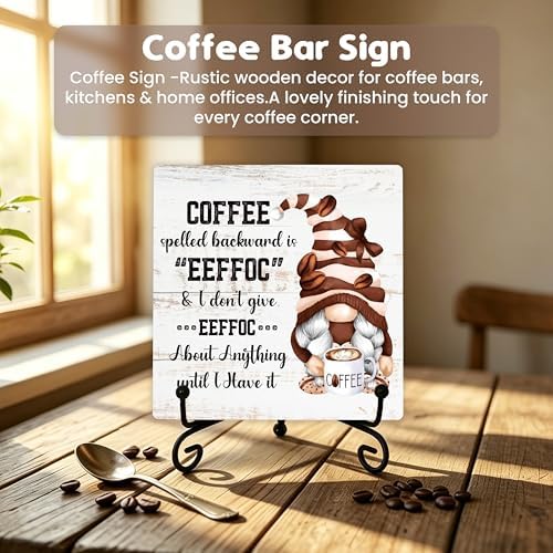 Coffee Bar Sign, Coffee Spelled Backwards Is Eeffoc Funny Wood Sign, Coffee and Tea Lover Gifts, 5x5 Wood Plaque with Iron Stand for Home, Kitchen or Cafe – A09 - Image 4