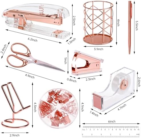EOOUT Rose Gold Desk Accessories, Office Supplies and Accessories Set, Acrylic Stapler Set, Staple Remover, Phone Holder, Pen Holder, Scissor, Ruler, Transparent Tape - Image 2