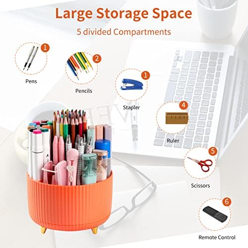 Desk Pencil Pen Holder, 5 Slots 360°Degree Rotating Pen Organizers for Desk, Desktop Storage Stationery Supplies Organizer, Cute Pencil Cup Pot for Office, School, Home, Art Supply, Orange - Image 3