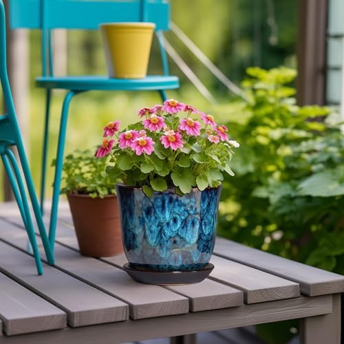 5.6 Inch Plant Pot - Ceramic Pots for Plants with Drainage Hole and Saucer, Round Succulent Flower Orchid Pot for Indoor Outdoor, Modern Planter, Home Room Decor, Gift for Plant Lover, Blue - Image 4
