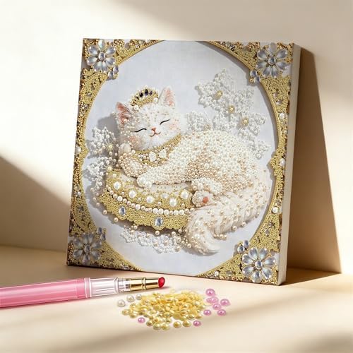 DIY Pearl Art Painting with Frame Creative Pattern Design Festival Stress-Relieving Home Wall Decoration 9.8X9.8in Tool Included-Cat - Image 4
