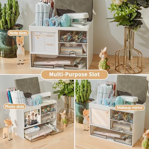 QIYVLOS Desk Organizer with 3 Drawer, Multi-Functional Pencil Pen Holder for Desk, Desk Organizers and Storage with 8 Compartments, Desktop Organizer for Office Home Art Supplies (White) - Image 4
