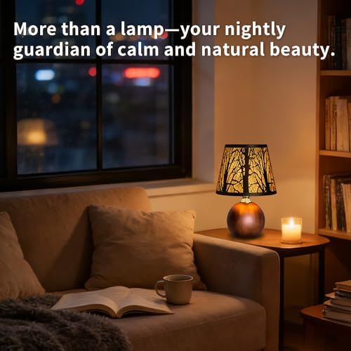 11.4" Rustic Solid Wood Small Table Lamp with Metal Forest Shade - Image 7