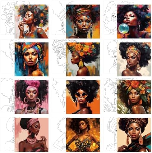 Affrolling 12 Pcs Pre Drawn Canvas for Painting for Adults 8 x 8 Inch Canvas Painting Kits Stretched with Drawing Ready to Paint Beginner Artists Date Night Party Supplies(Black Girl) by Affrolling