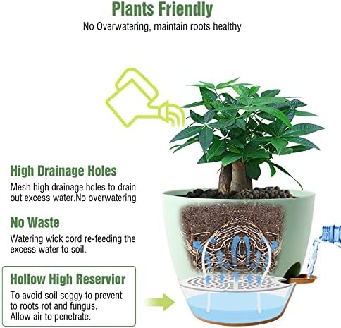 UOUZ 12 inch Large Self Watering Pots, Plastic Planters with 60oZ Removable Deep Reservoir and Multi Mesh Drainage Holes for Indoor Outdoor Garden Plants and Flowers, Green with Brown - Image 3