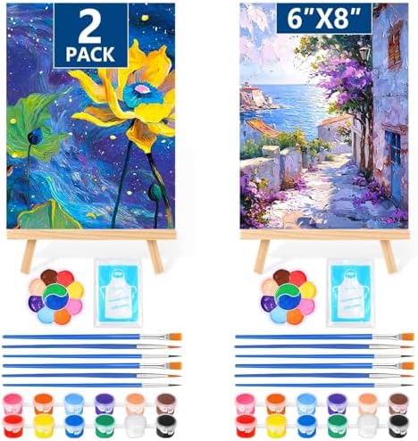 24 PCS Acrylic Paint Set, 2Pack Art Canvas with Easel Stand, 12 Acrylic Paints, 14 Brushes, Palettes, Aprons -Beginner Painting Kit, Mini Painting Canvas with Easel Set, Painting Kits for Adults Party by Flasoo