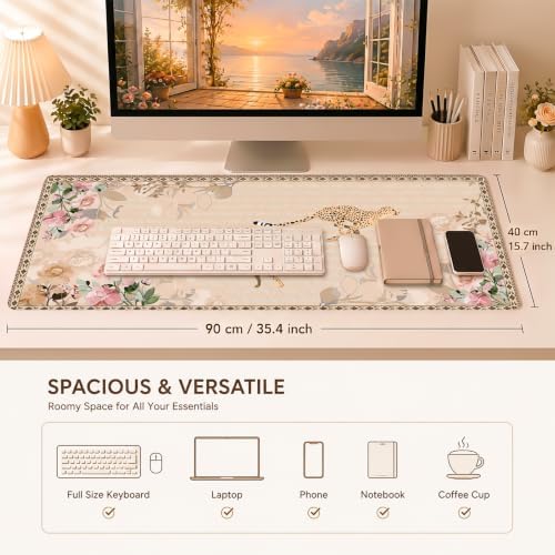 Cheetah Desk Mat, Tan Floral Vintage Rug XXL Mouse Pad 35.4x15.7in - Image 3