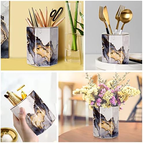 Ceramic Pen Holder for Desk Cute, Pencil Cup Pot Desk Organizer, Makeup Brush Holder for Women, Men, Kids, Desk Marble Decor for Office, Classroom, Home, Gray Golden - Image 3