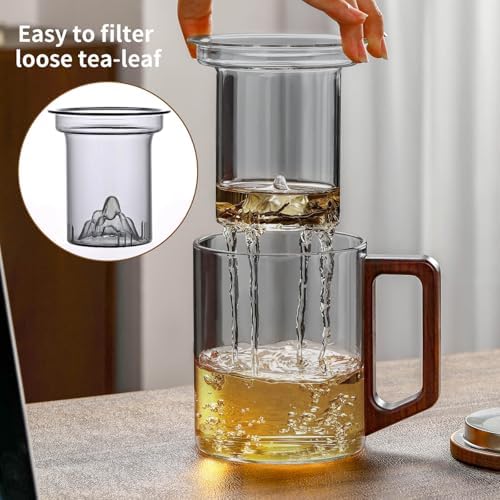 Unbreakable - Glass Tea Cup with Infuser and Lid, 950ML / 32oz Large Borosilicate Tea Mug with Wooden Handle and Lid, Heat Resistant Glass Tea Cup for Loose Leaf Tea, Home Office Use - Image 2