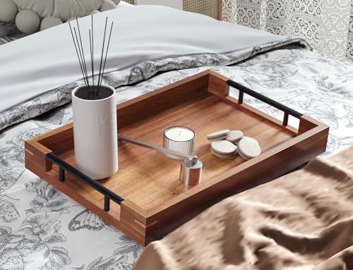 Fibogollo Acacia Wood Serving Tray with Metal Handles,15x10in Ottoman Decorative Trays Platter for Coffee Table,Living Room,Bar,Party(Medium) - Image 2