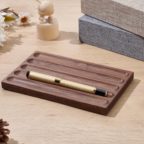 PLIGREAT 5 Grid Wood Pen Tray, Wooden Desk Pen Organizer Holder Minimalist Wave Pencil Rest for Office Stationery Desk Decor Retro Home Bedroom Decoration, 7.1x4.3x0.6inch - Image 4
