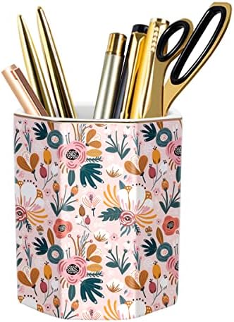 Ceramic Floral Pen Pot, Colored Pencil Container Cute Decor for Room, Office, School, University, Makeup Brush Holder for Girl Women Adult Teen Gift, Pink Flower by WAVEYU
