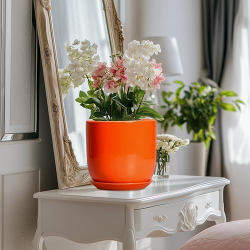 Ceramic Pot for Plants - 8 Inch Plant Pot with Drainage Hole and Saucer, Cylinder Modern Round Planter for Indoor Outdoor Plants, Housewarming Gifts, Office Home Garden Decor, Orange - Image 5