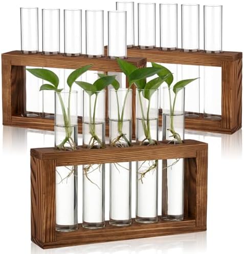 3-Pack Glass Plant Propagation Stations with Wooden Stand, Gardening Gifts for Women Mom Plants Lovers, 15 Glass Test Tubes Vases for Hydroponic Plants Desktop Terrarium Decor by Acellegic