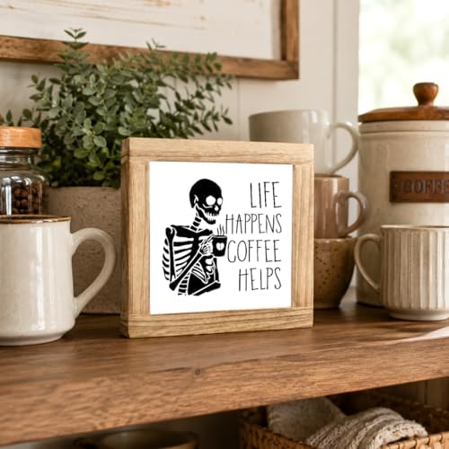 Funny Coffee Skeleton Sign, Life Happens Coffee Helps Wood Plaque, Halloween Kitchen Counter Decor, Gothic Coffees Bar Shelf Accent For Office Desk Cafe Corner, 5.9 x 5.9 in - Image 3