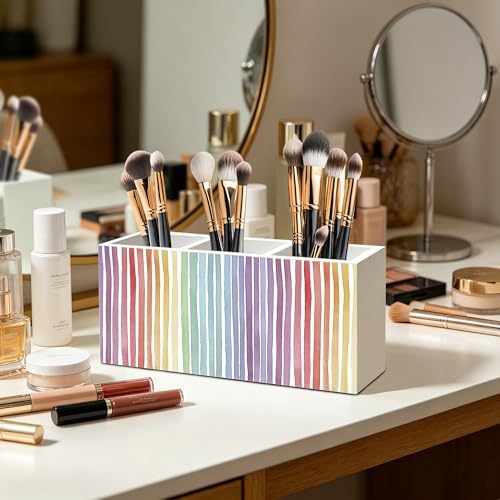 Boho Rainbow Striped Pen Pencil Holder Organizer for Office Classroom Desk Decor Accessories, Watercolor Colorful Rainbow Wood Signs Makeup Brush Toothbrush Holder for Bathroom Vanity - Image 3