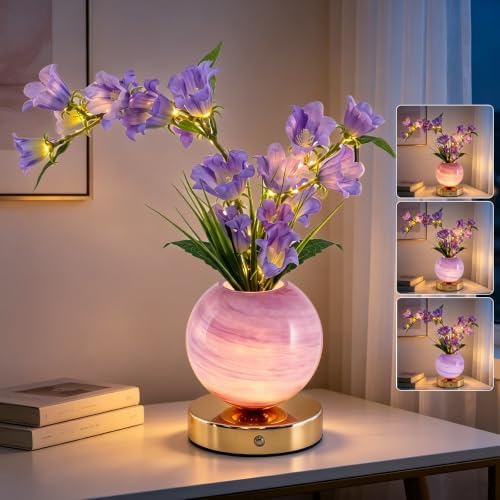 Purple Bellflower Flower Lamp, Rechargeable Cordless LED Floral Table Lamp by VEEKINavigation