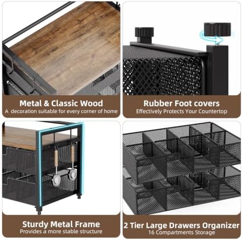 Tea Bag Organizer with 2 Drawers, 3 Tier Tea Bag Holder with Mug 4 Hooks - Image 7