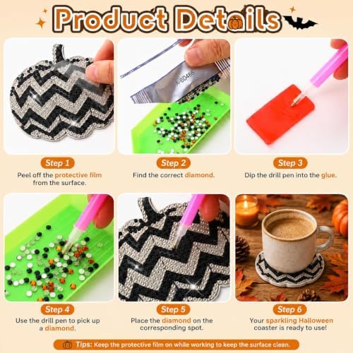 8 Pack Halloween Pumpkin Diamond Painting Coasters with Holder DIY Kit - Image 3