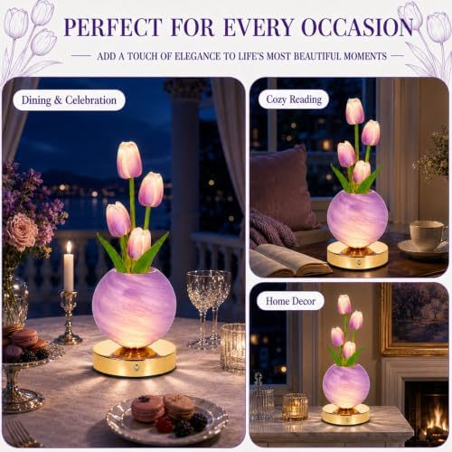 Tulip Table Lamp, Rechargeable Cordless Touch Dimming Artificial Tulip Flower Desk Lamp, LED Flower Bedside Night Light Romantic Gifts for Girl Women Mom (Purple Tulip) - Image 5