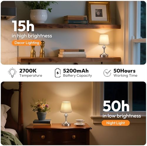 NIORSUN Portables Cordless Table Lamp, 10.2" Battery Operated Lamp, Bedside Table Lamp with Warm White,3 Way Dimmable Touch Desk Lamp for Bedroom Living Room Restaurant Whtie Shade (Silver) - Image 3