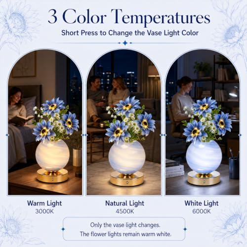 Tulip Table Lamp, Rechargeable Cordless Touch Dimming Artificial Tulip Flower Desk Lamp, LED Flower Bedside Night Light Romantic Gifts for Girl Women Mom (Blue Sunflower) - Image 3