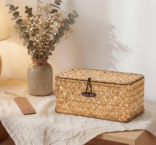 Hipiwe Small Seagrass Wicker Box with Lid Decorative Shelf Basket Bin - Image 5