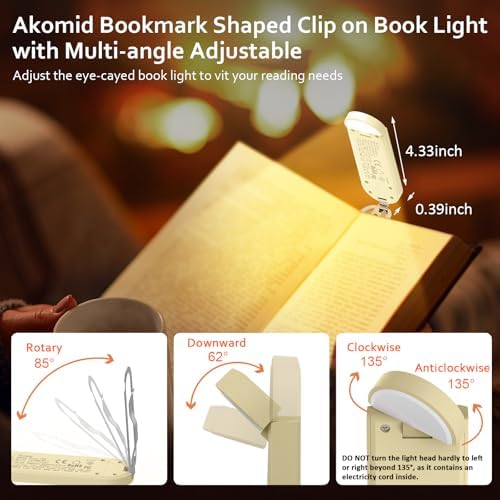 Akomid USB Rechargeable Book Light for Reading in Bed, 8 LEDs Bookmark Style Clip on, Eye-Cared Amber Light Mode for Kids, Blue Light Blocking, Stepless Dimming,Khaki - Image 6