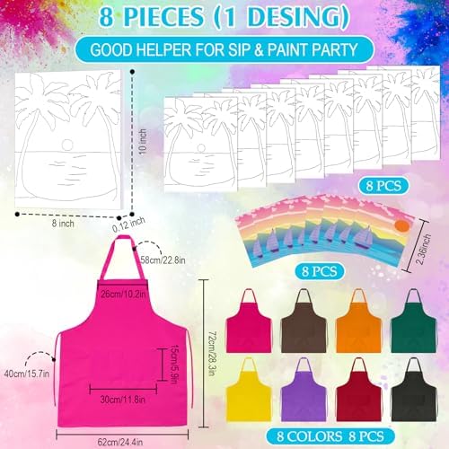 Cholemy 8 Set Paint and Sip Kit for Adults 8'' x 10'' Pre Drawn Canvas with Wooden Easels Acrylic Paint Brushes Wash Cup Palette Apron for Painting DIY Date Night Party Supplies(Landscape) - Image 3