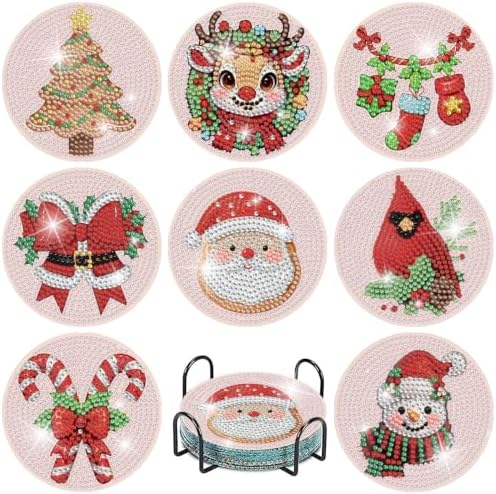 8 Pcs Christmas Diamond Art Coasters Kits with Holder 4x4 Inch by askkqtx