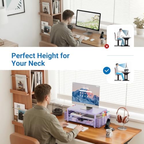 OPNICE Desk Organizers and Accessories, Computer Monitor Stand Riser with Drawer and 2 Pen Holders, Printer & Laptop Stand, Office Desk Accessories & Workspace Organizers for Home Office Supplies, Metal Purple - Image 3