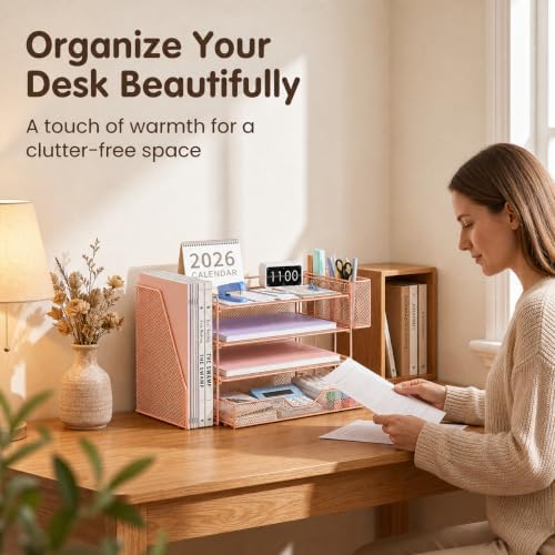OPNICE Desk Organizers and Accessories, 4-Tier Desktop File Organizer with Drawer and Pen Holders, Office Desk Accessories Workspace Organizers for Office Supplies (Rose Gold) - Image 3