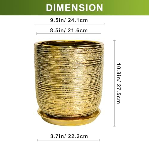 Ceramic Flower Pot for Indoor Plants - 10 Inch Plant Pot with Drainage Hole and Saucer, Decorative Round Outdoor Indoor Planter, Housewarming Gifts, Home Garden Decor, Gold - Image 3